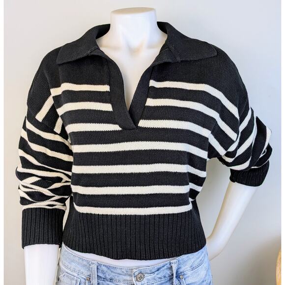 Olivaceous Ronald Black White Striped Deep V-Neck Collared Crop Sweater Medium - Picture 3 of 10